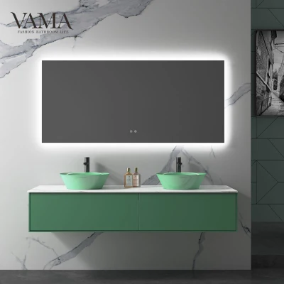 Mobiletto da bagno a parete dal design moderno verde smeraldo Vama con doppi lavandini