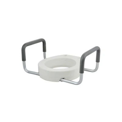 Sedile WC bianco rialzato medico in plastica staccabile e leggero con maniglie in alluminio, braccioli imbottiti rimovibili