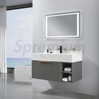 Mobiletto da bagno moderno in ardesia nera opaca con montaggio a parete, set da toeletta con lavabo singolo, mobiletto galleggiante con specchio